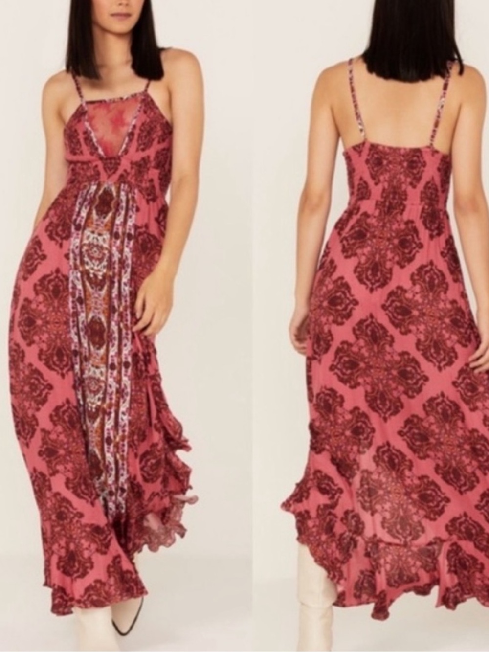 Free People That Moment Rose Print Lace Mesh Halter Spaghetti Strap Maxi Dress M